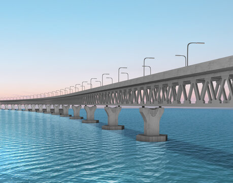 Padma bridge in Bangladesh under blue sky 3D Render. longest bridge on the deep sea. 3d Model. Real bridge is Situated Over the padma river, Mawa, Munsiganj, Dhaka, Bangladesh. 3d Architecture.