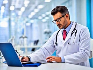 Medical advancements: doctor at work in a hospital, healthcare technology: doctor's tablet in a hospital setting, doctor's digital workspace: advancements in medicine, hospital scene