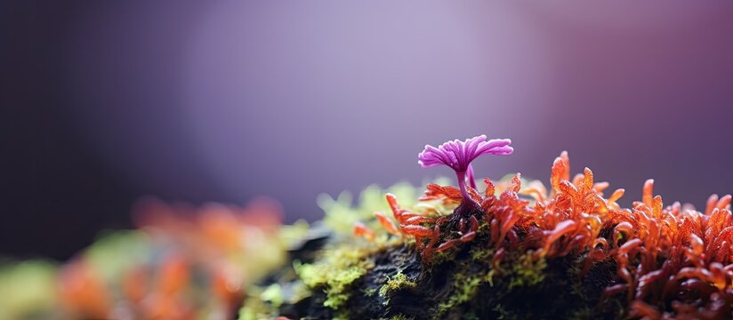 In early spring a macro photograph captures a purple corcus against a mossy backdrop