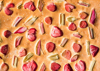 Delicious cake with strawberries and rhubarb
