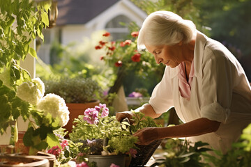 Portrait of senior woman gardening in her garden. Happy mature woman working with beautiful flowers in her garden at sunny day