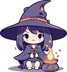 Cute little witch sitting on the floor and holding a candle.