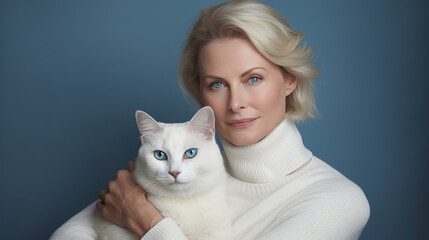 mature blonde woman with her cat on her lap