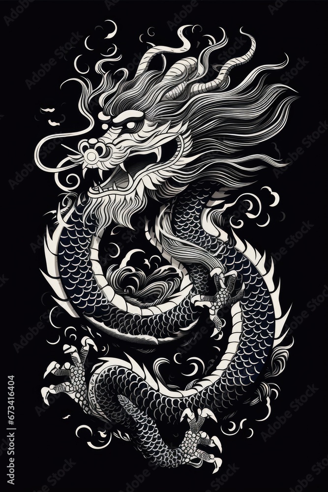Poster a black and white drawing of a dragon. can be used for various creative projects.
