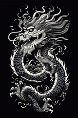 A black and white drawing of a dragon. Can be used for various creative projects.