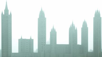 Skyline of a modern city with tall towers on a foggy day. Tall buildings lost in the mist on cloudy sky background.