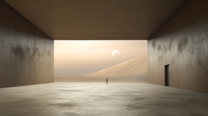 Person lost in a huge empty hall with a view over the moon rising above the mountains. Futuristic minimalist architecture. Alien world. Copy space.