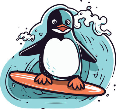 recommend clip art: Penguin on surfboard. Cute cartoon vector illustration.