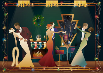 A loving couple in suits dances in front of a fireplace. New Year and Christmas decorations, gifts, atmosphere. Concept for holiday, winter holidays, New Year, Christmas