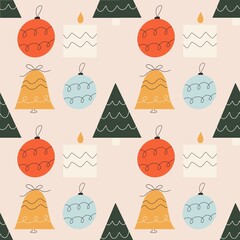 Christmas repeat pattern illustration vector festive holiday symbols Yuletide bell fir tree candle with flame and bauble decoration continuous patterns wrapping paper background wallpaper