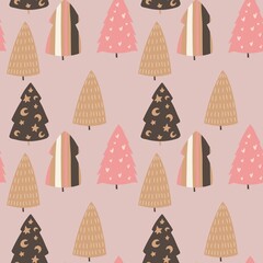 Christmas tree repeat seamless pattern illustration vector festive holiday symbols pink brown beige neutral color Yuletide fir continuous patterns wrapping paper background wallpaper