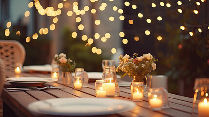 Elegant Wedding Table Setting with String Lights and Candles - Festive Terrace Decor