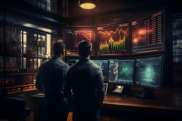 Crypto traders discussing trading charts, research reports, growth, and analyzing strategies, while looking at monitors, with the concept of financial risks in mind, - obrazy, fototapety, plakaty