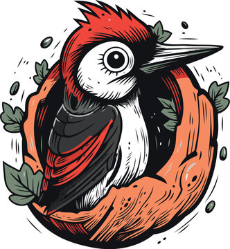 recommend clip art: Hand drawn woodpecker in a hole. Woodpecker vector illustration