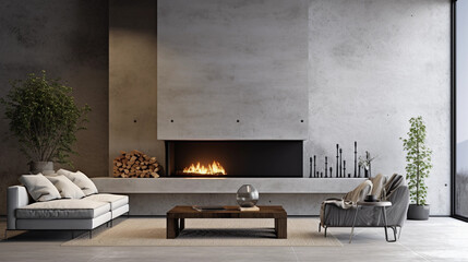 modern, concrete style living room with beautiful fireplace and wood, grey walls modern minimalist styling, interior design, hotel suite