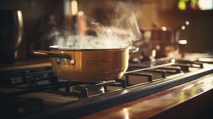 cooking on a gas stove, steaming pot in the kitchen - obrazy, fototapety, plakaty