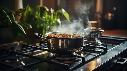 cooking on a gas stove, steaming pot in the kitchen - obrazy, fototapety, plakaty
