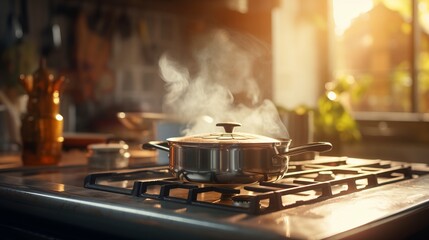 cooking on a gas stove, steaming pot in the kitchen