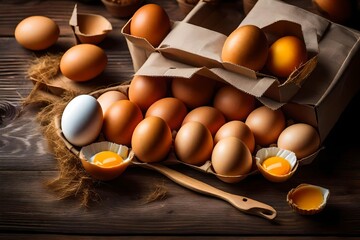 Uncooked eggs on a wooden backdrop
