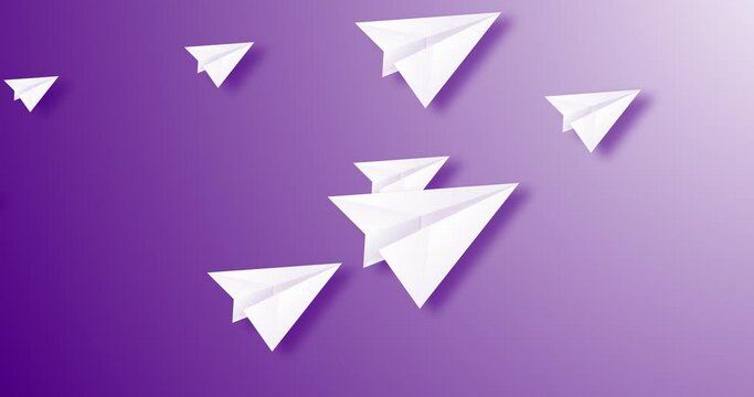 paper planes flying from left to right different size and different distance over a purple color gradient background. Abstract flat animated motion graphics background for presentation and website..