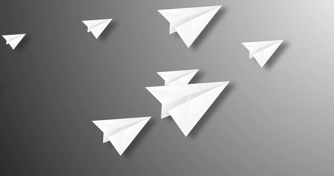 paper planes flying from left to right different size and different distance over a grey color gradient background. Abstract flat animated motion graphics background for presentation and website..