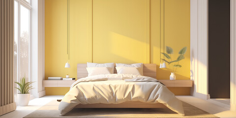 Minimalist bedroom interior with yellow wall and big window