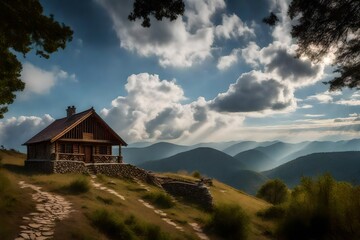 Fototapeta na wymiar house in the mountains with beautiful clouds in the sky
