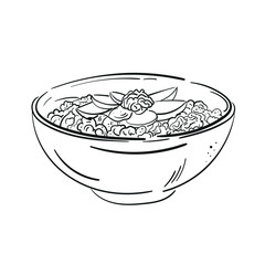 Oat bowl, porridge oatmeal vector illustration. Cereal sketch, healthy breakfast food - granola, muesli flakes with apple and nut. Oat meal vintage doodle icon set - obrazy, fototapety, plakaty