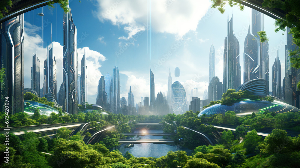 Wall mural futuristic eco green city skyline with skyscrapers and gardens, future architecture