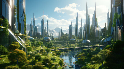 futuristic eco green city skyline with skyscrapers and gardens, future architecture - obrazy, fototapety, plakaty