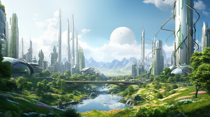 futuristic eco green city skyline with skyscrapers and gardens, future architecture