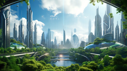 futuristic eco green city skyline with skyscrapers and gardens, future architecture - obrazy, fototapety, plakaty