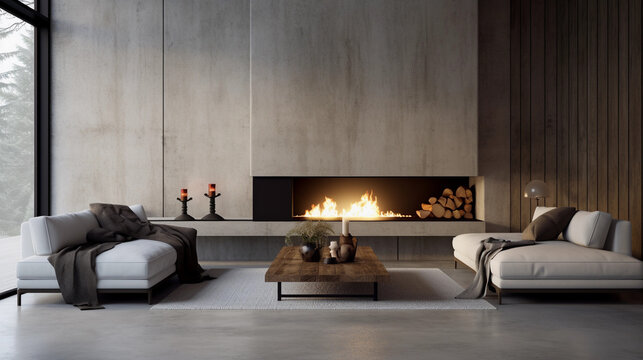 modern, concrete style living room with beautiful fireplace and wood, grey walls modern minimalist styling, interior design, hotel suite