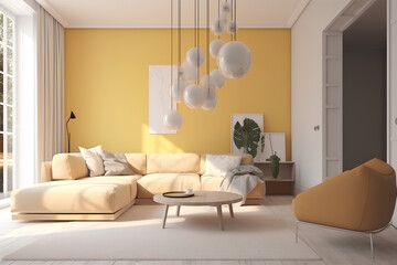 Living room interior in yellow and white colors