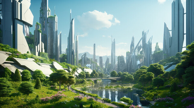 futuristic eco green city skyline with skyscrapers and gardens, future architecture