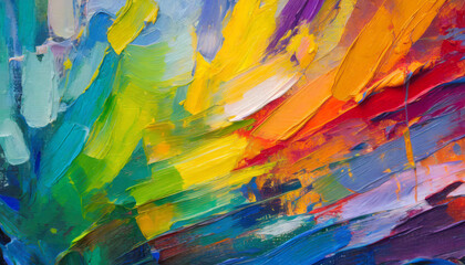 Closeup of abstract rough colorful bold rainbow colors explosion painting texture, with oil...