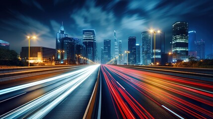 Fototapeta premium big city skyline and traffic lights blurred motion, skyscrapers and highway light trails at rush hour