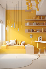 Cozy interior of children room in yellow and white colors