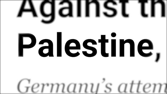 Mention of Palestine in the headlines of electronic information media. Highlighted fast changing iridescent letters close up. Breaking news about the military conflict between Israel and Gaza
