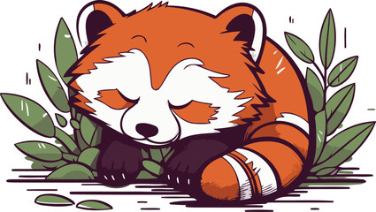 Cute red panda sleeping on the ground. Vector illustration.
