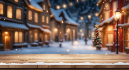 christmas table in the city. Empty wooden table top with blurry Christmas town and snowfall...