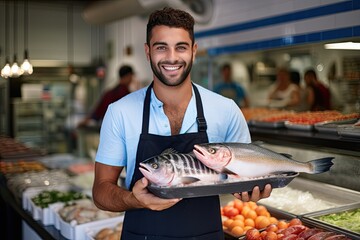 A positive, smiling man in a fresh seafood market, working as a vendor, ensuring the freshness of...