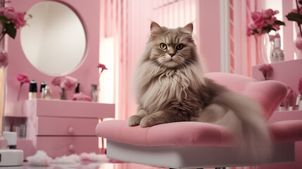 fancy beautiful cat in the stylish beauty salon . creative concept for pet grooming salon. copy space