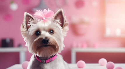 beautiful puppys in the stylish beauty salon . creative concept for pet grooming salon. copy space