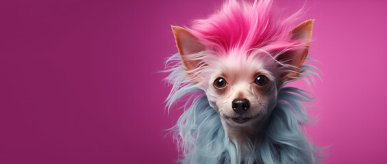 dog with crazy hairstyle on a bright background. creative concept for pet grooming salon. copy space