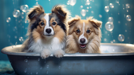 two dogs taking a bath. creative concept for pet grooming salon. copy space