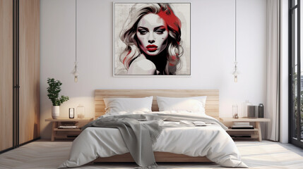 modern, Scandinavian style bedroom with art on the wall, minimalist hotel room in beautiful light colours
