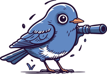 Hand drawn vector illustration of a cute cartoon blue bird with a spyglass