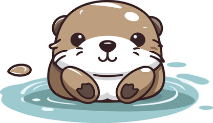 Cute otter in water. Vector illustration on white background.