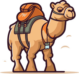 Camel with a backpack. Vector illustration of a camel in cartoon style.